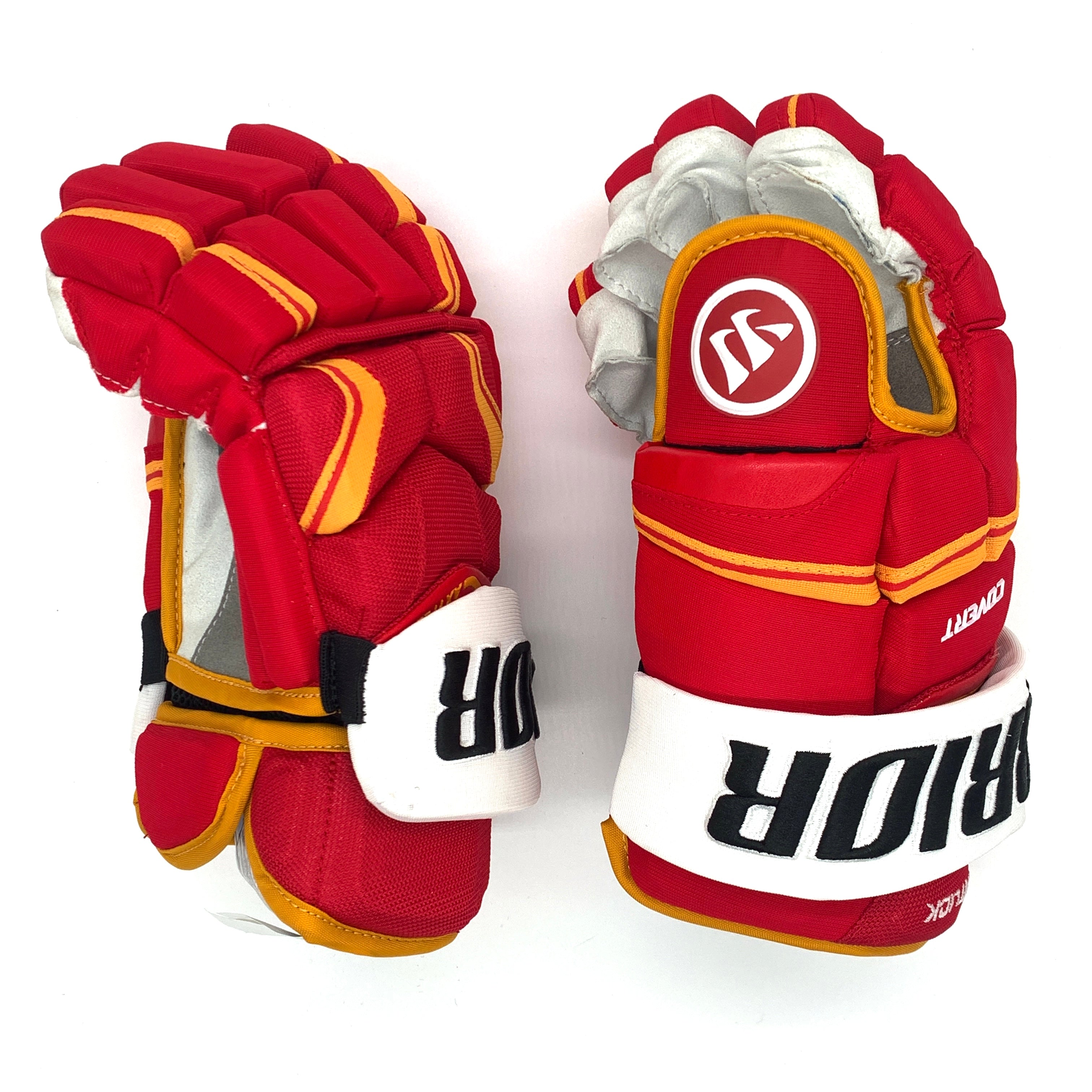 Warrior Covert QRE Pro - Gant NHL Pro Stock - Tyler Pitlick (Rouge/Jaune/Blanc)